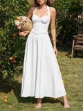 White Halter Neck Low Cut Pleated Fashion Women Casual Maxi Dress