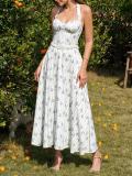 White Blue Printed Halter Neck Low Cut Pleated Fashion Women Casual Maxi Dress