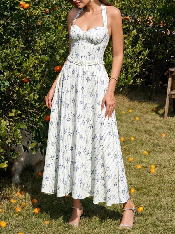 White Blue Printed Halter Neck Low Cut Pleated Fashion Women Casual Maxi Dress