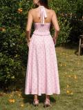 Pink Halter Neck Low Cut Pleated Fashion Women Casual Maxi Dress