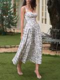 Blue Straps Hollow Out Printed Floral High Split Casual Midi Dress