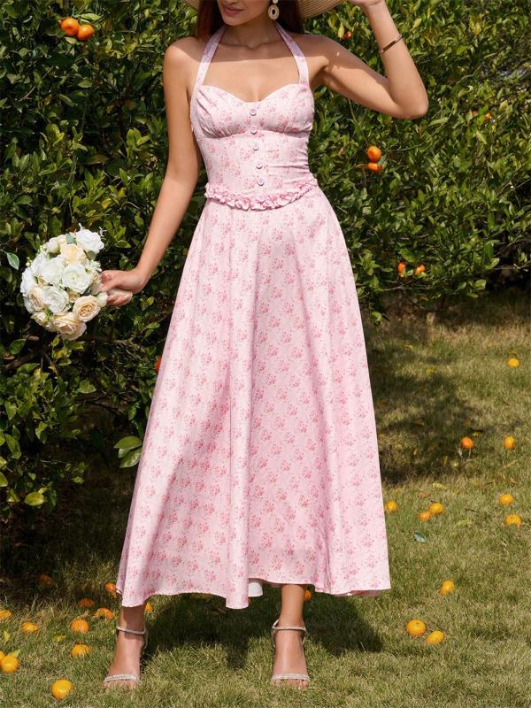 Pink Halter Neck Low Cut Pleated Fashion Women Casual Maxi Dress