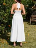 White Halter Neck Low Cut Pleated Fashion Women Casual Maxi Dress