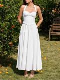 White Halter Neck Low Cut Pleated Fashion Women Casual Maxi Dress