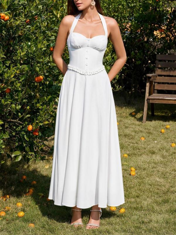 White Halter Neck Low Cut Pleated Fashion Women Casual Maxi Dress
