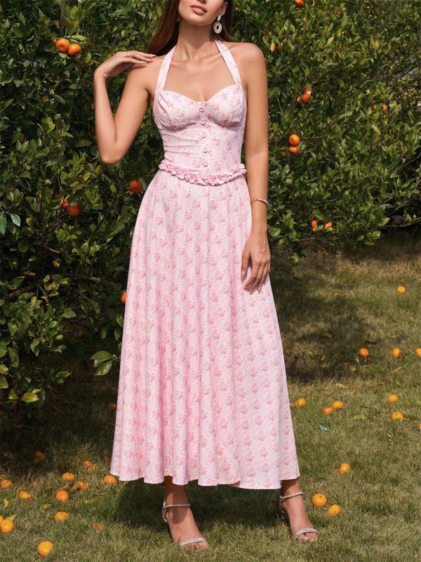 Pink Halter Neck Low Cut Pleated Fashion Women Casual Maxi Dress