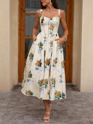 Yellow Floral Straps Hollow Out Printed High Split Casual Midi Dress