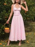 Pink Halter Neck Low Cut Pleated Fashion Women Casual Maxi Dress