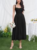 Black Straps Hollow Out Printed Floral High Split Casual Midi Dress