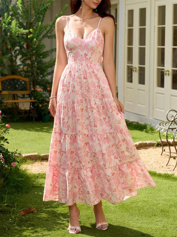 Pink New Fashion Women Printed Floral Casual Vacation Party Long Dress