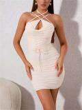 Beige Halter Mesh Lace up Bodycon Sexy Party Dress