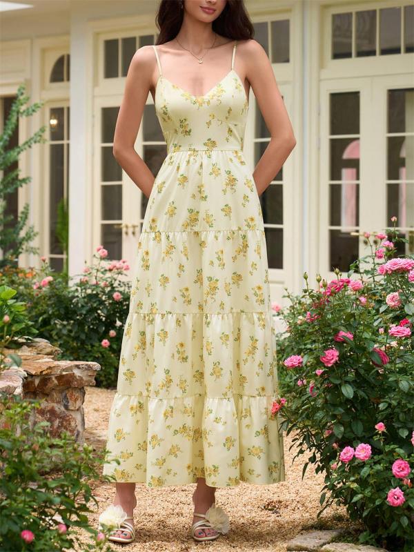 Yellow New Fashion Women Printed Floral Casual Vacation Party Long Dress