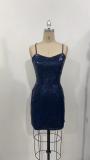 Royal Blue Straps Deep V Neck Sequins Mesh Sheer Party Mini Dress