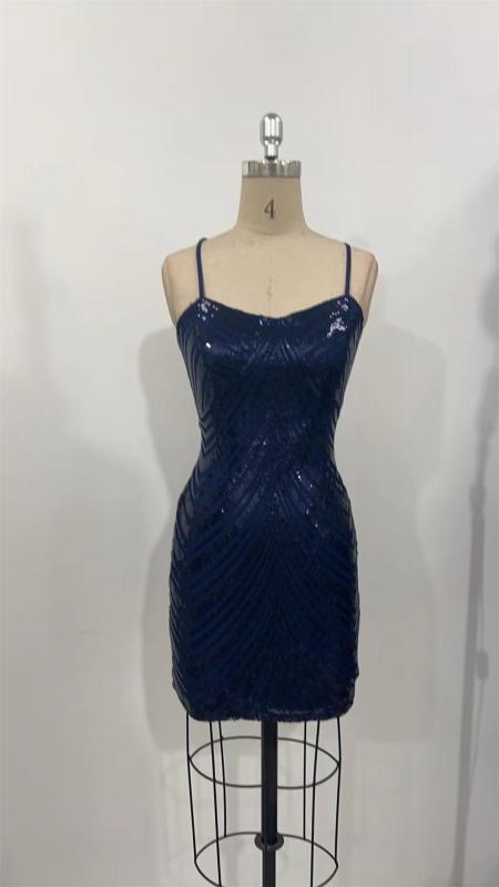Royal Blue Straps Deep V Neck Sequins Mesh Sheer Party Mini Dress
