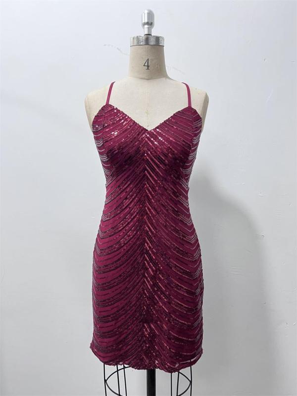 Claret Straps Deep V Neck Sequins Mesh Sheer Party Mini Dress