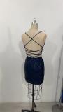Royal Blue Straps Deep V Neck Sequins Mesh Sheer Party Mini Dress