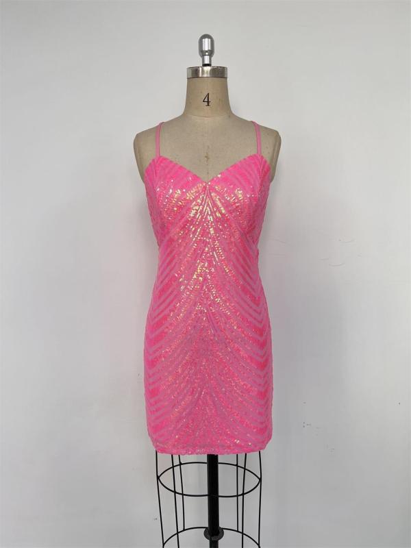 Rose Red Straps Deep V Neck Sequins Mesh Sheer Party Mini Dress