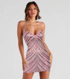Pink Straps Deep V Neck Sequins Mesh Sheer Party Mini Dress