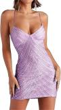 Purple Straps Deep V Neck Sequins Mesh Sheer Party Mini Dress