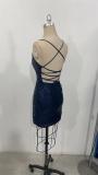 Royal Blue Straps Deep V Neck Sequins Mesh Sheer Party Mini Dress