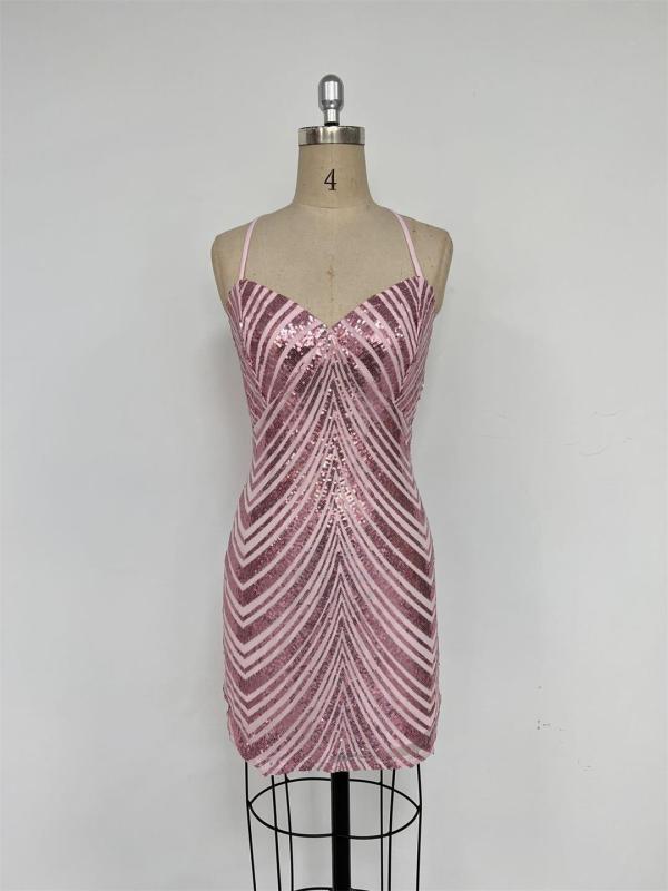 Pink Straps Deep V Neck Sequins Mesh Sheer Party Mini Dress
