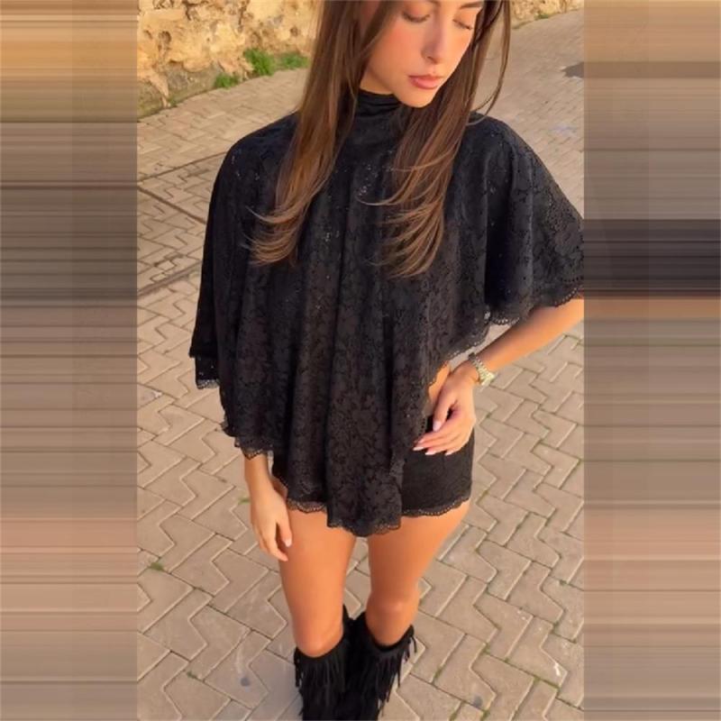 Black Two Pieces Lace Hollow Out Irregular Tops with Short Pant Set Dress 004