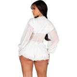 White Long Sleeve Deep V Neck Single Breasted Mesh Ruffles Sexy Rompers