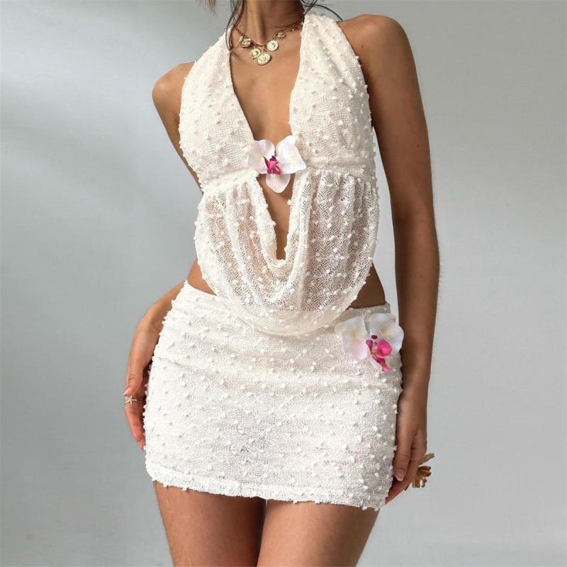 Beige Mesh Backless Bandage Women Bodycon Party Two Pieces Set