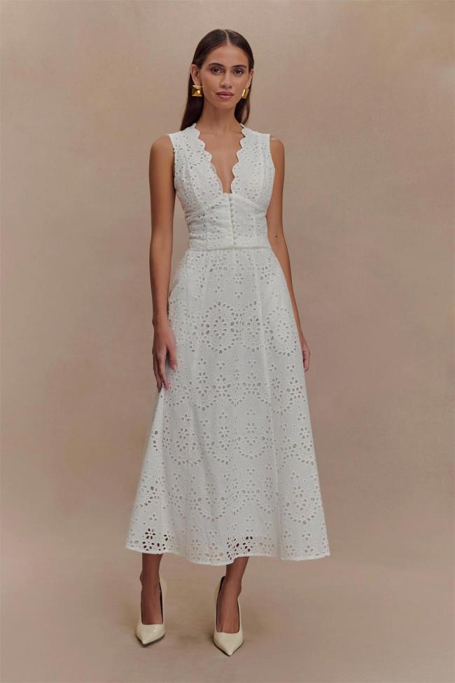 White Sleeveless Printing Summer Fashion Vacation Midi Dress