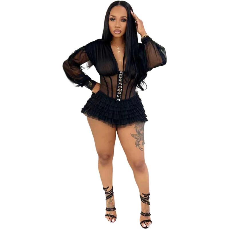 Black Long Sleeve Deep V Neck Single Breasted Mesh Ruffles Sexy Rompers