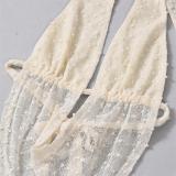 Beige Mesh Backless Bandage Women Bodycon Party Two Pieces Set