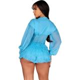 Blue Long Sleeve Deep V Neck Single Breasted Mesh Ruffles Sexy Rompers