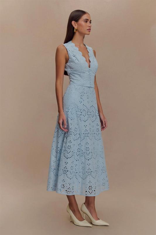 Sky Blue Sleeveless Printing Summer Fashion Vacation Midi Dress