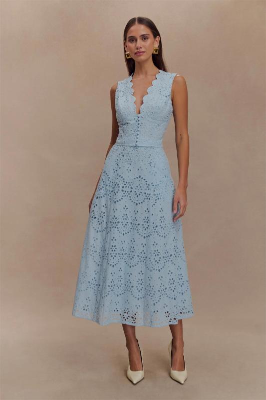 Sky Blue Sleeveless Printing Summer Fashion Vacation Midi Dress