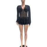 Black Long Sleeve Deep V Neck Single Breasted Mesh Ruffles Sexy Rompers