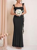Black Straps Low Cut Mesh Lining Luxury Wedding Long Dress
