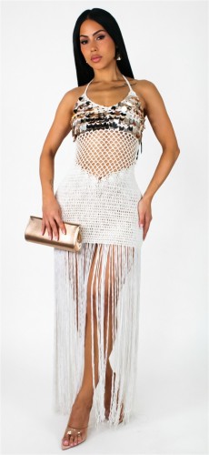 White Sleeveless Sequins V Neck Knitted Tassels Party Vacation Dress