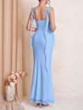 Blue Straps Low Cut Mesh Lining Luxury Wedding Long Dress