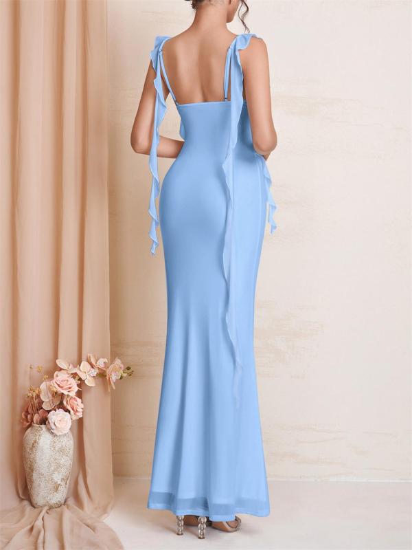 Blue Straps Low Cut Mesh Lining Luxury Wedding Long Dress