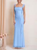 Blue Straps Low Cut Mesh Lining Luxury Wedding Long Dress