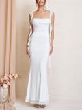 White Straps Low Cut Mesh Lining Luxury Wedding Long Dress
