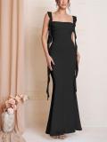 Black Straps Low Cut Mesh Lining Luxury Wedding Long Dress
