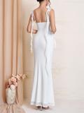 White Straps Low Cut Mesh Lining Luxury Wedding Long Dress