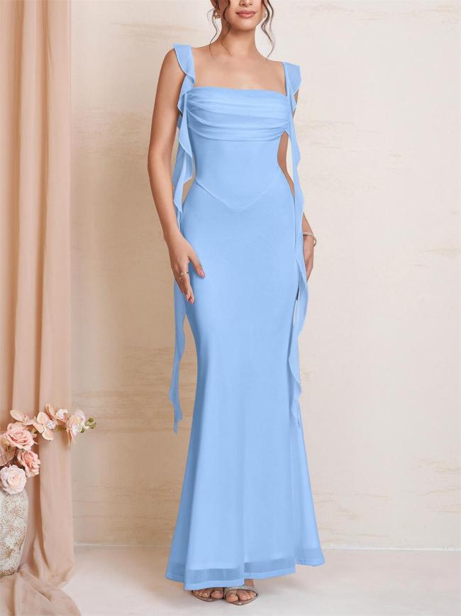 Blue Straps Low Cut Mesh Lining Luxury Wedding Long Dress
