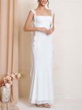 White Straps Low Cut Mesh Lining Luxury Wedding Long Dress