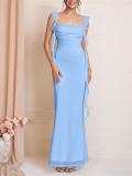 Blue Straps Low Cut Mesh Lining Luxury Wedding Long Dress