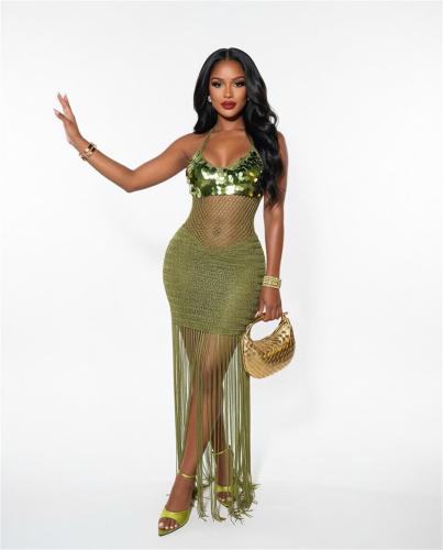 Green Sleeveless Sequins V Neck Knitted Tassels Party Vacation Dress