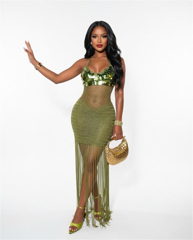 Green Sleeveless Sequins V Neck Knitted Tassels Party Vacation Dress