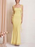 Yellow Straps Low Cut Mesh Lining Luxury Wedding Long Dress