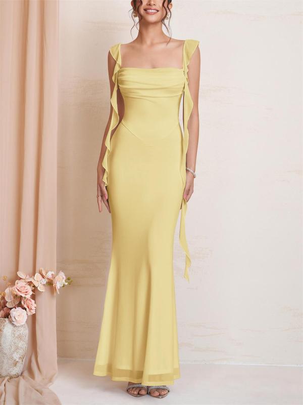Yellow Straps Low Cut Mesh Lining Luxury Wedding Long Dress